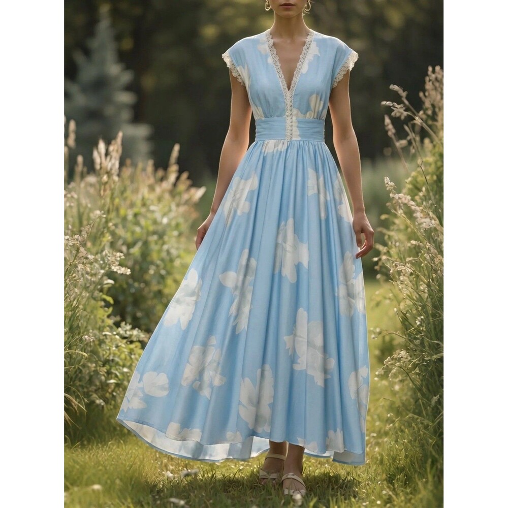 Linen Vibes Floral Sun Dress Size M Light Blue & White Cotton Cottagecore New